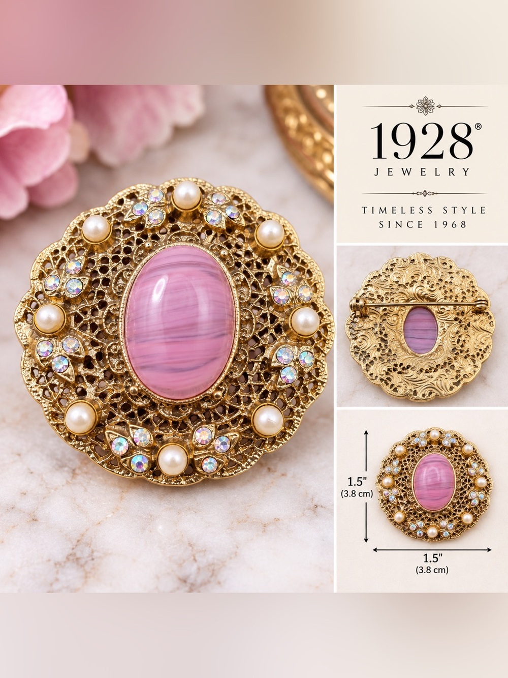 1928 Jewelry Vintage Pink Cabochon Pearl Filigree Statement Brooch